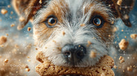 Close-up of a Playful Dog Chewing Cookie with Bright Eyes