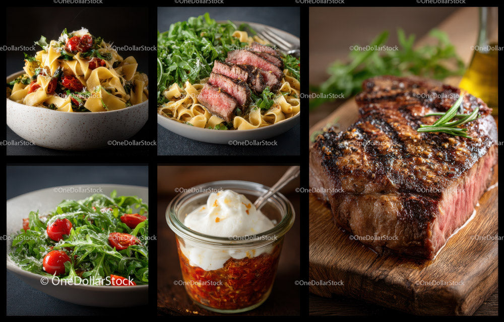 Freshly Cooked Steak with Vegetables and Pasta in a Rustic Setting