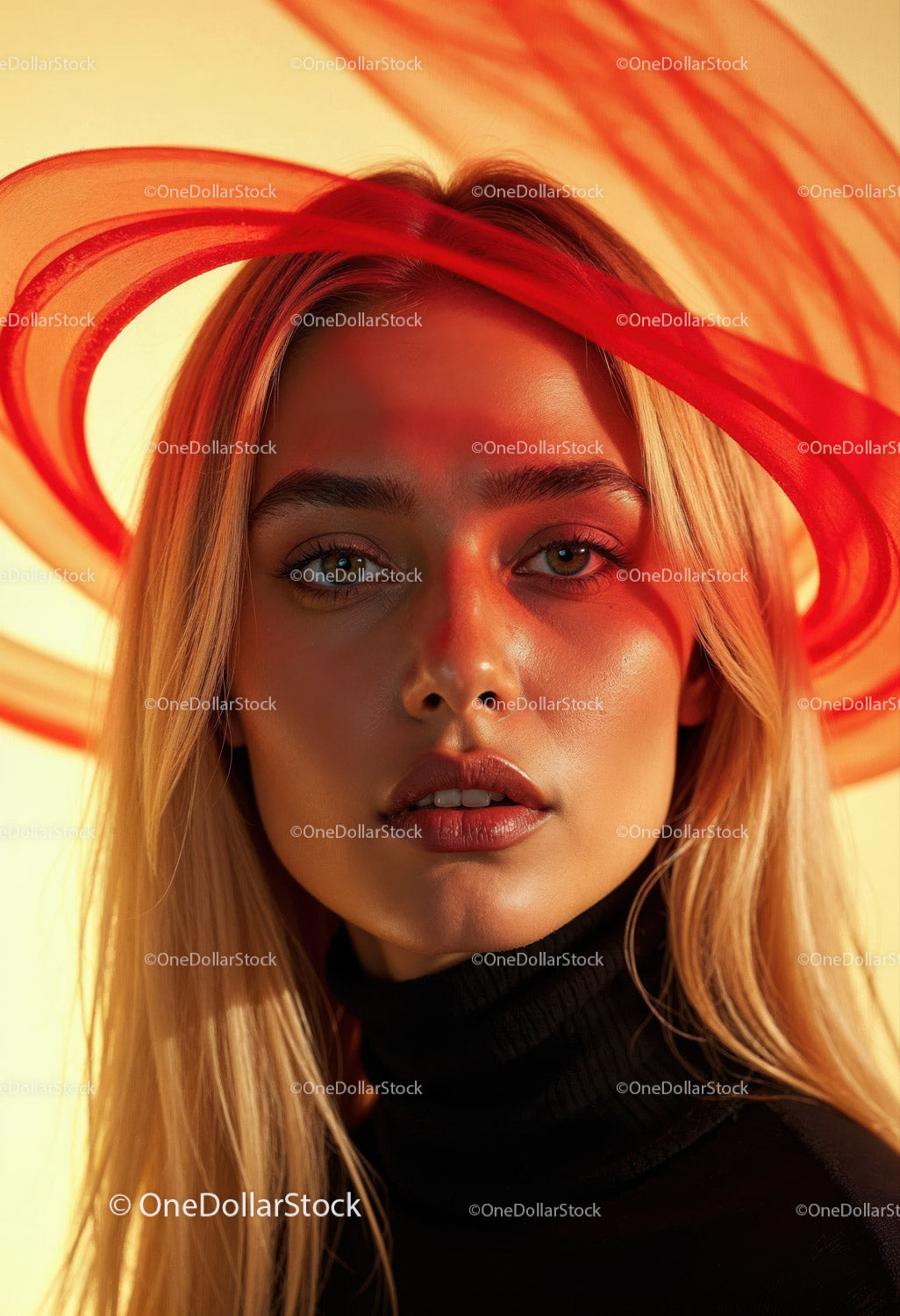 Creative Artistic Makeup Portrait with Red Face Paint and Blonde Hair