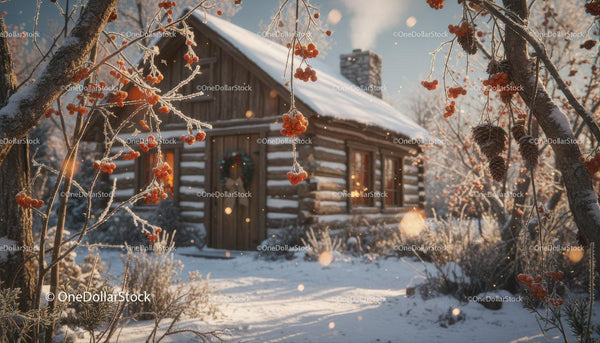 Cozy Log Cabin Surrounded by Winter Frost and Red Berries