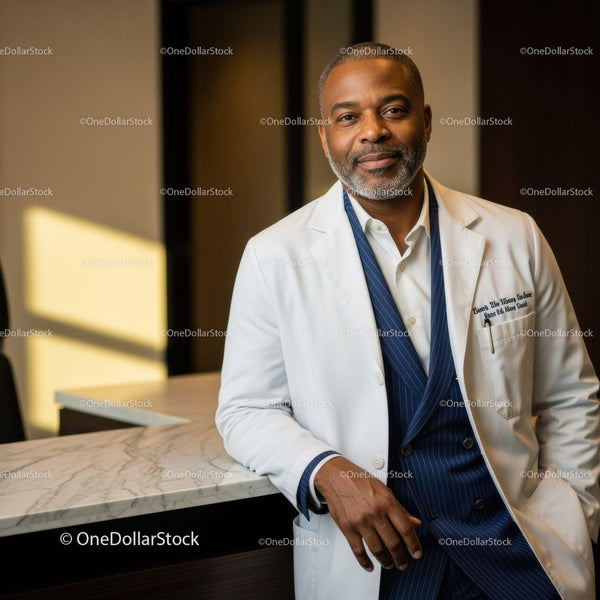 Senior African American Male Doctor Wearing White Lab Coat and Blue Suit in Clinic