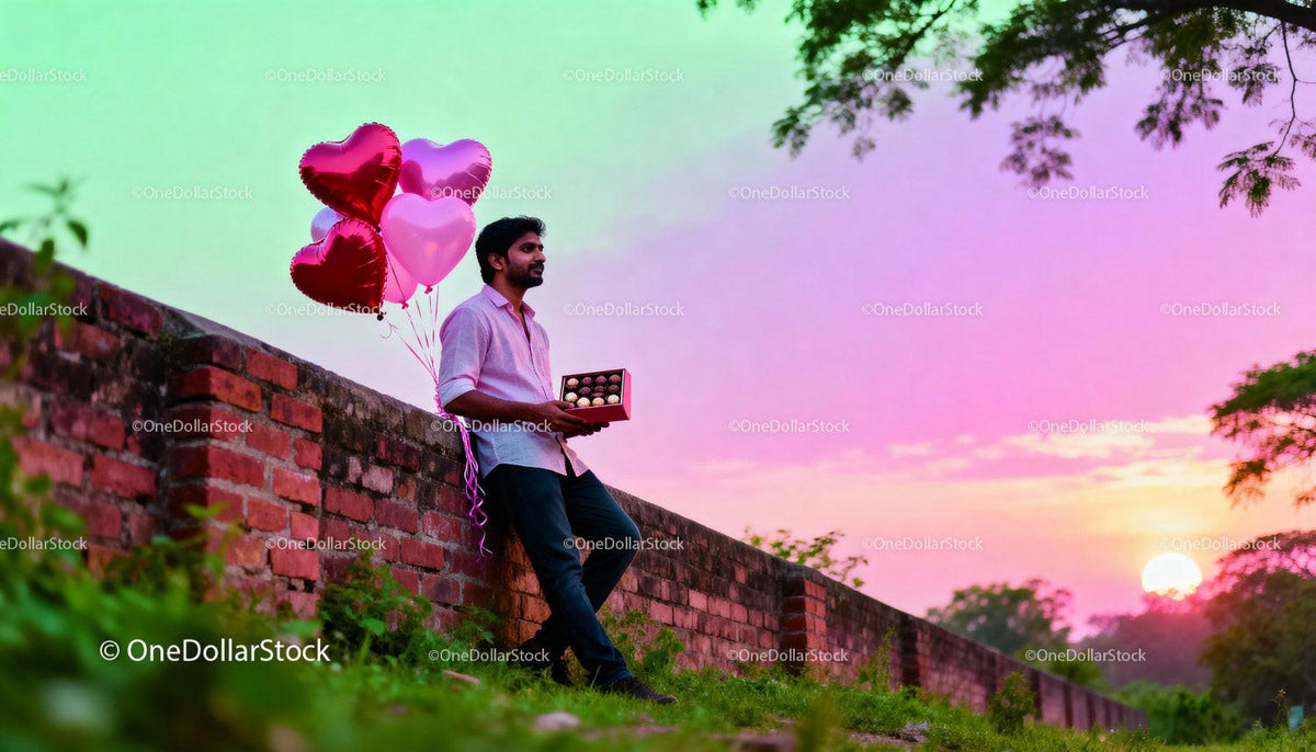 Young man with heart balloons and chocolates at sunset