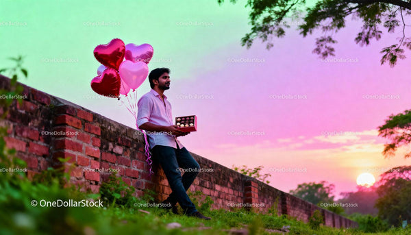 Young man with heart balloons and chocolates at sunset