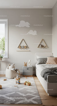 Modern Children's Bedroom with Cloud Wall Decor and Wooden Toys