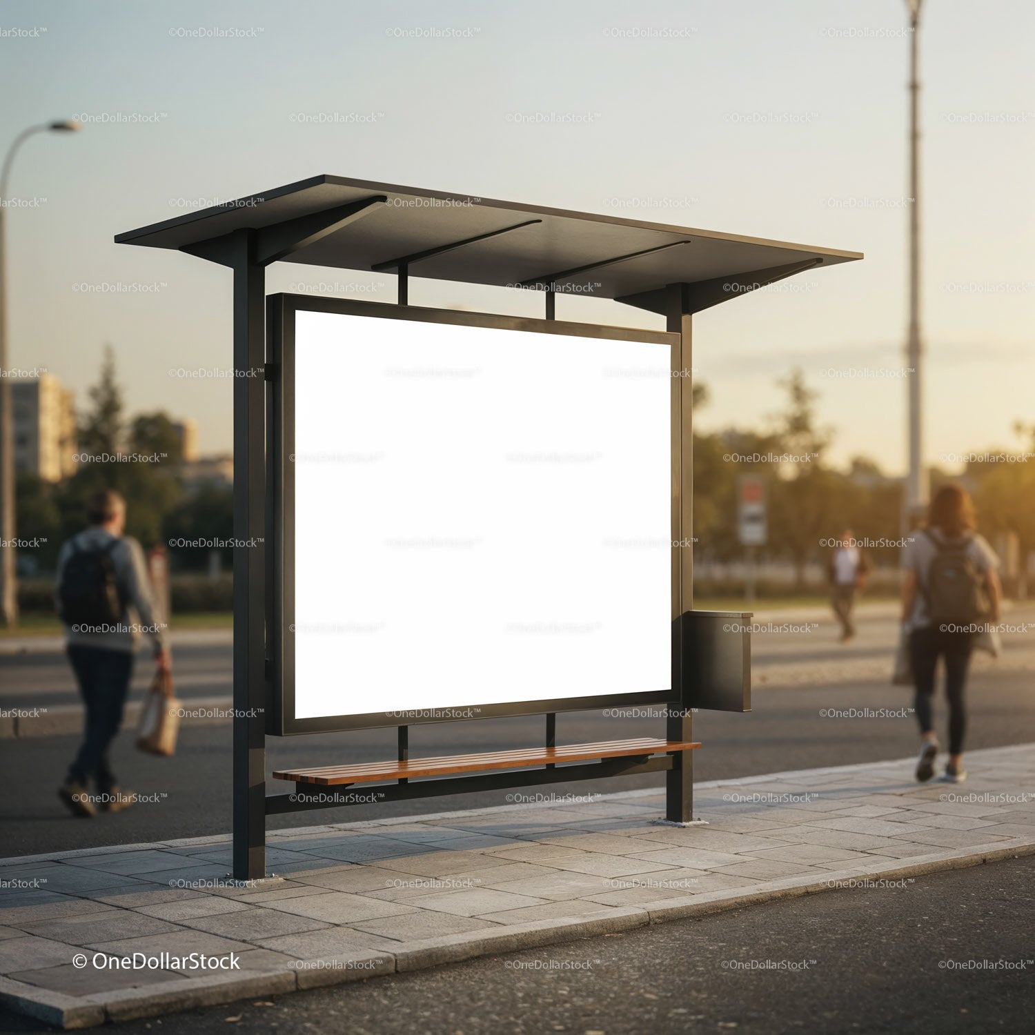 Empty city bus stop billboard at sunset with pedestrians