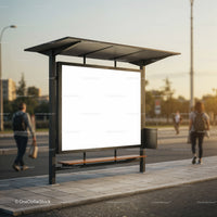 Empty city bus stop billboard at sunset with pedestrians