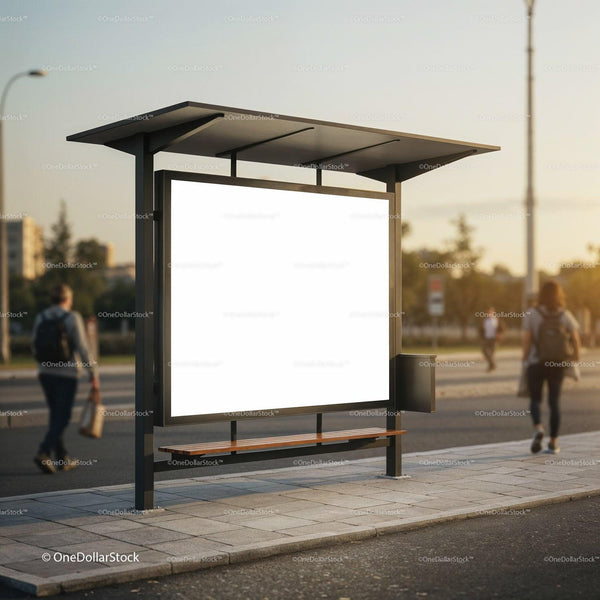 Empty city bus stop billboard at sunset with pedestrians JPG Mockup Image