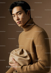 Elegant Young Man in Beige Turtleneck Sweater Holding Chic Clutch Bag