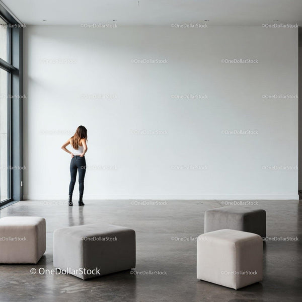Woman standing thoughtfully in spacious modern gallery JPG Mockup Image