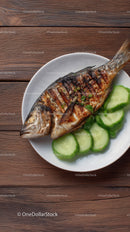 Grilled Fish with Cucumber Slices on Rustic Wooden Table