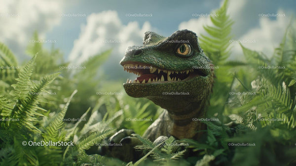 Green Dinosaur Head Among Fern Leaves