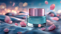 Elegant Glass Jar of Skincare with Pink Petals on Soft Fabric