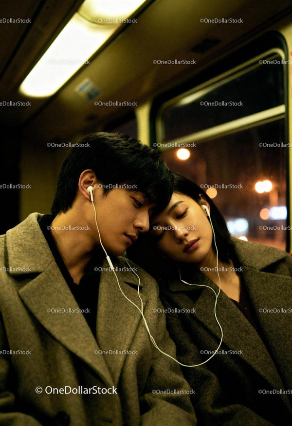 Young Couple Sharing Earphones on Night Bus Ride