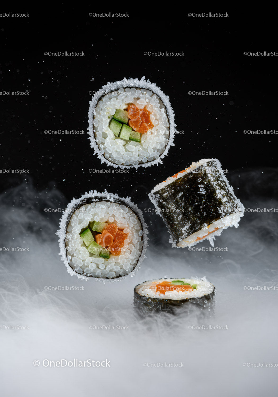 Fresh sushi rolls floating over smoky black background