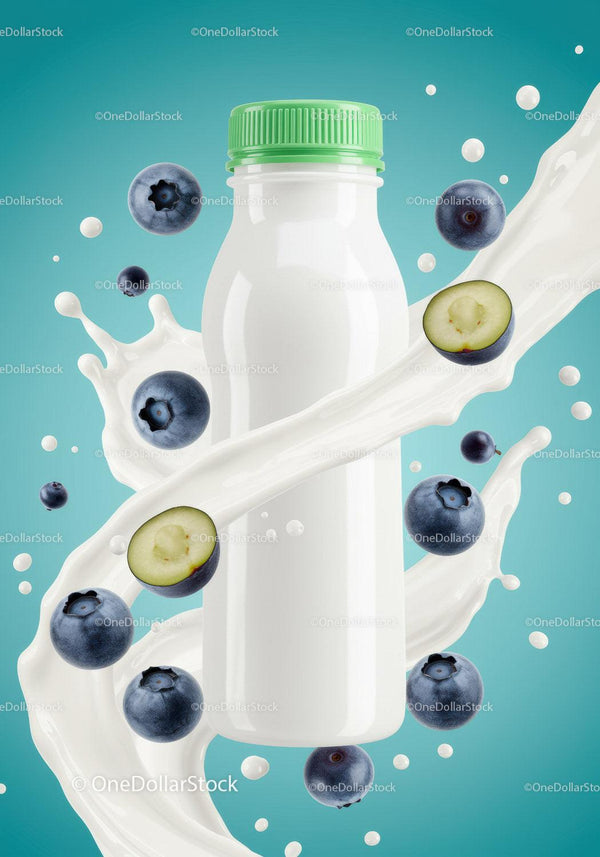 Fresh blueberry smoothie bottle with milk splash JPG Mockup Image