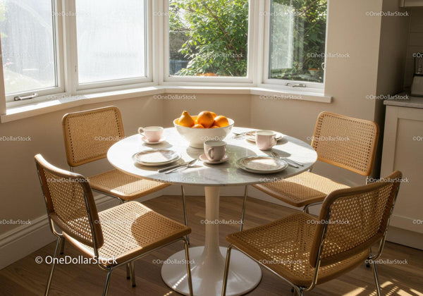 Bright dining nook with round marble table and wicker chairs