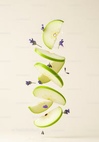 Floating slices of green apple with delicate lavender buds
