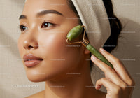 Young Asian Woman Using Jade Roller for Glowing Skin and Facial Rejuvenation