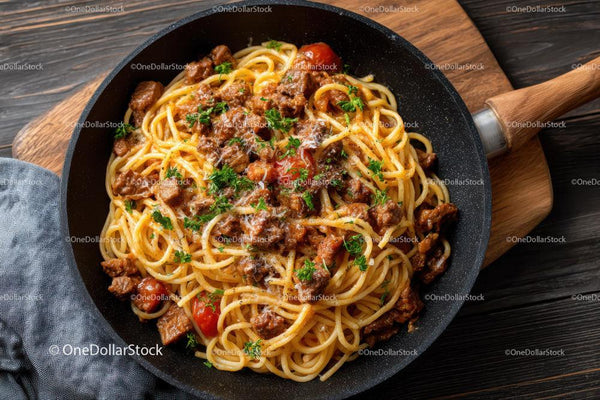 Syte spaghetti wołowe z sosem pomidorowym i świeżą pietruszką