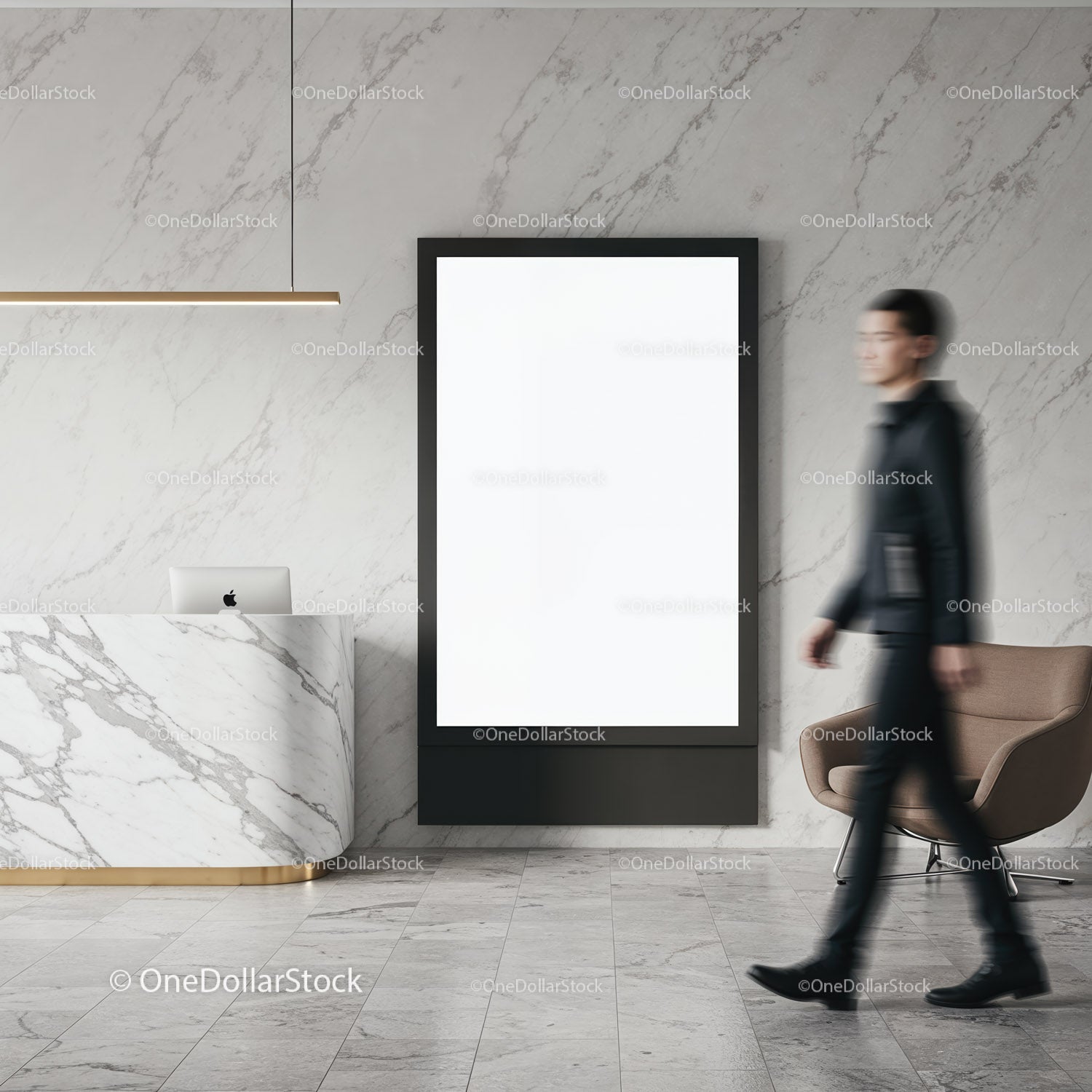 Modern office lobby with blank digital display and marble desk