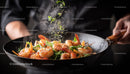 Seafood Dish with Shrimp in a Black Frying Pan for Gourmet Cuisine
