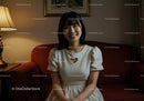 Young woman smiling sitting on leather sofa in cozy living room