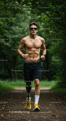 Young Man Running Shirtless Through Forest Trail in Sporty Outfit