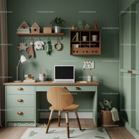 Cozy Kids Room with Wooden Desk and Playful Decor in Green