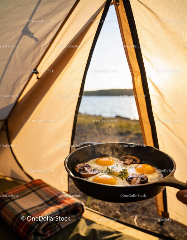 Frying eggs and mushrooms inside a camping tent