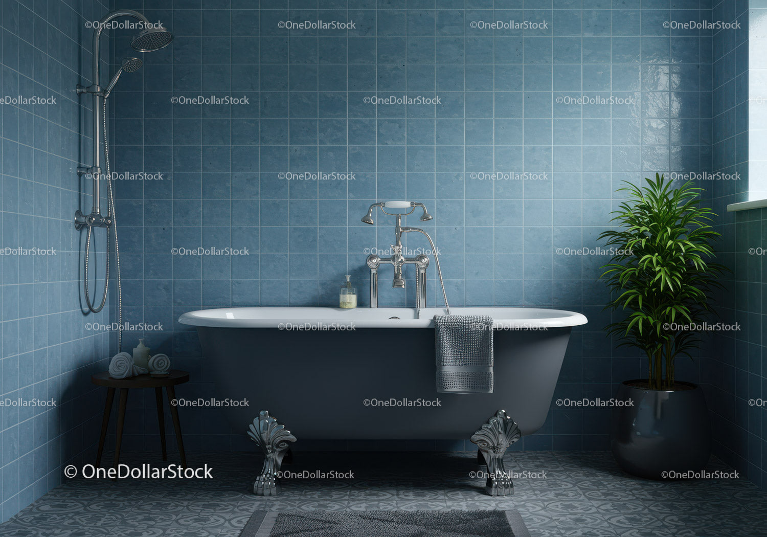 Vintage freestanding bathtub with blue tile bathroom decor