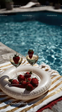 Strawberries and Champagne Glasses by Poolside for Summer Celebration