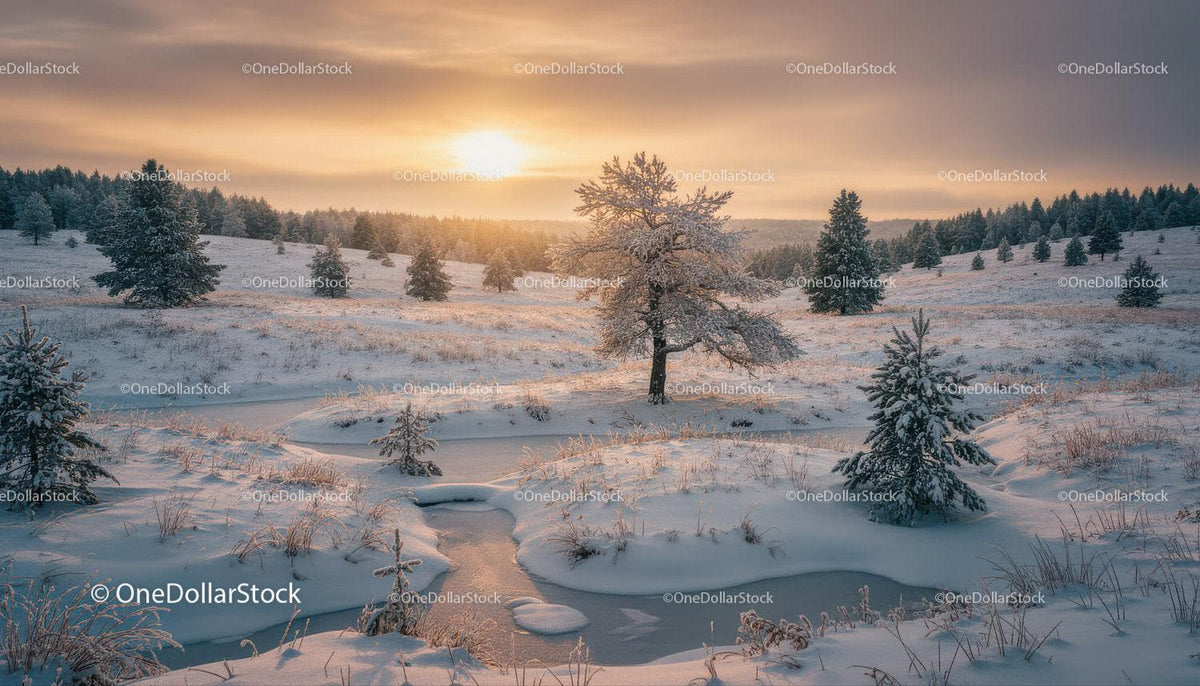 Winter landscape with frosted trees at sunset