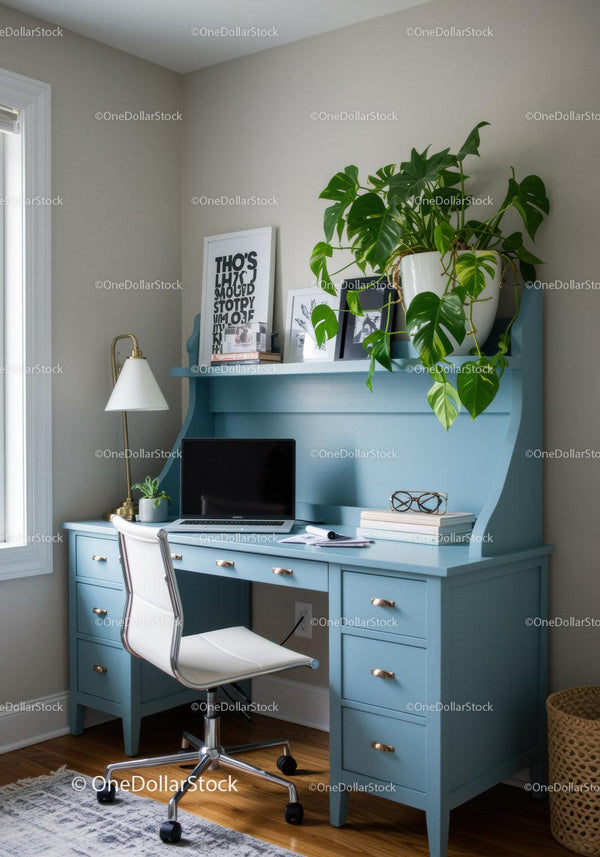 Modern Blue Desk Workspace with Monstera Plant and Artistic Decor