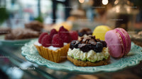 Colorful Fruit Tarts and Macarons on Elegant Plate for Dessert Display