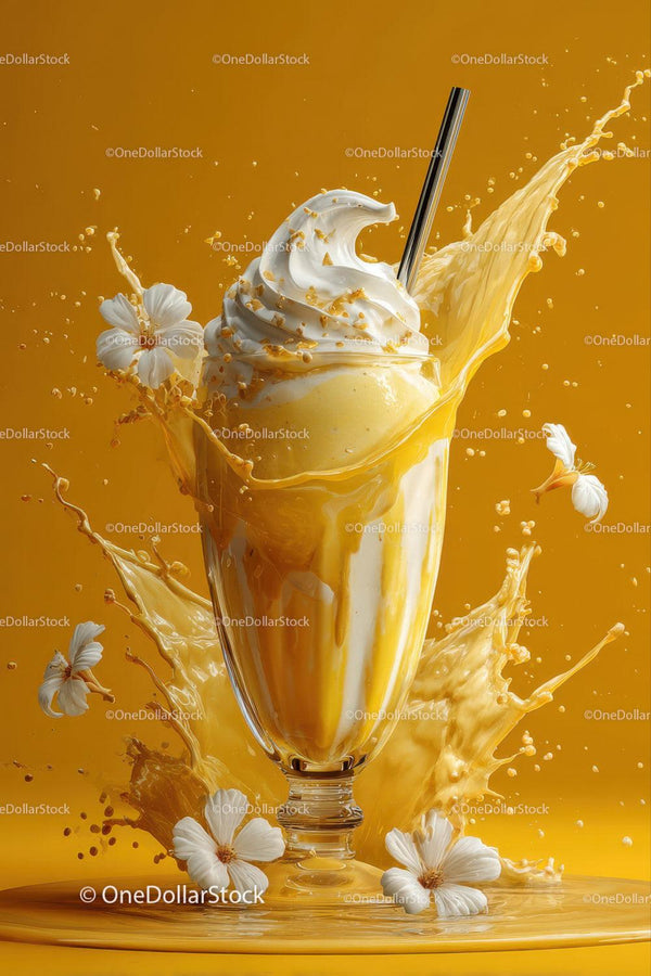 Creamy vanilla milkshake with splash and whipped cream in tall glass