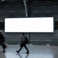 Commuters walking past large blank billboard indoors