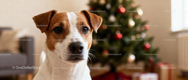 Ciekawski Jack Russell Terrier przy Świątecznej Choince