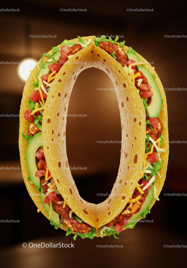 Taco shaped like number zero with fresh ingredients