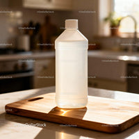 Clear plastic bottle on wooden cutting board in kitchen