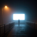 Silhouetted Man Standing Before Bright Screen at Night