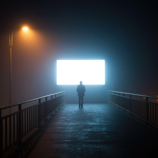 Silhouetted Man Standing Before Bright Screen at Night JPG Mockup Image