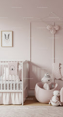 Cute Baby Nursery with White Crib and Plush Toys in Soft Pastel Pink