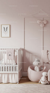 Cute Baby Nursery with White Crib and Plush Toys in Soft Pastel Pink