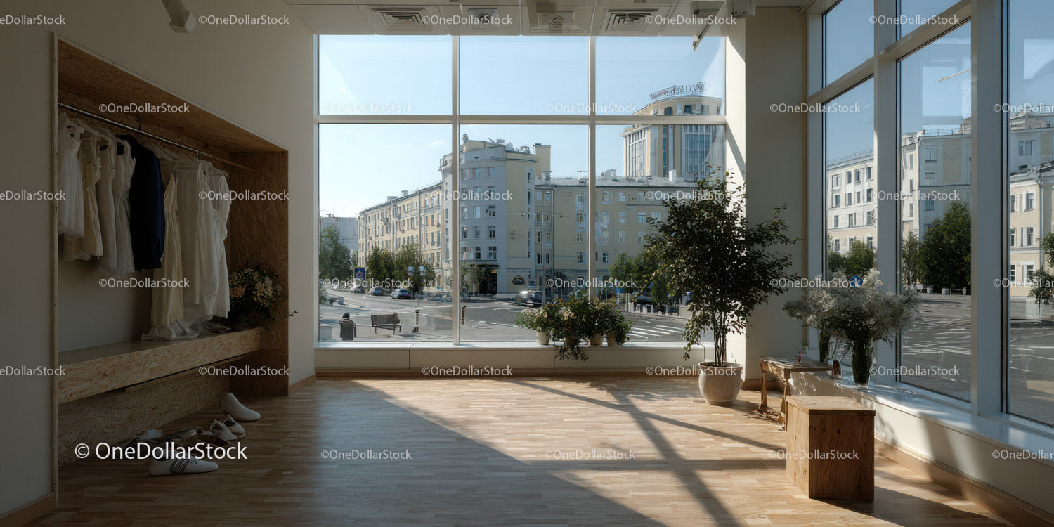 Jasny, nowoczesny butik z dużymi oknami i widokiem na miasto