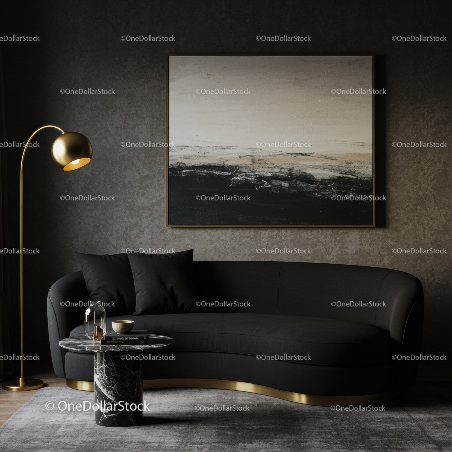 Modern black curved sofa with gold accents in stylish living room
