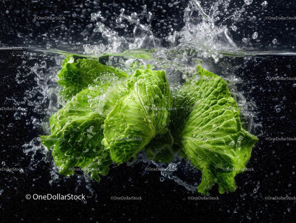 Fresh Green Lettuce Leaves Splashing Water in Dark Background