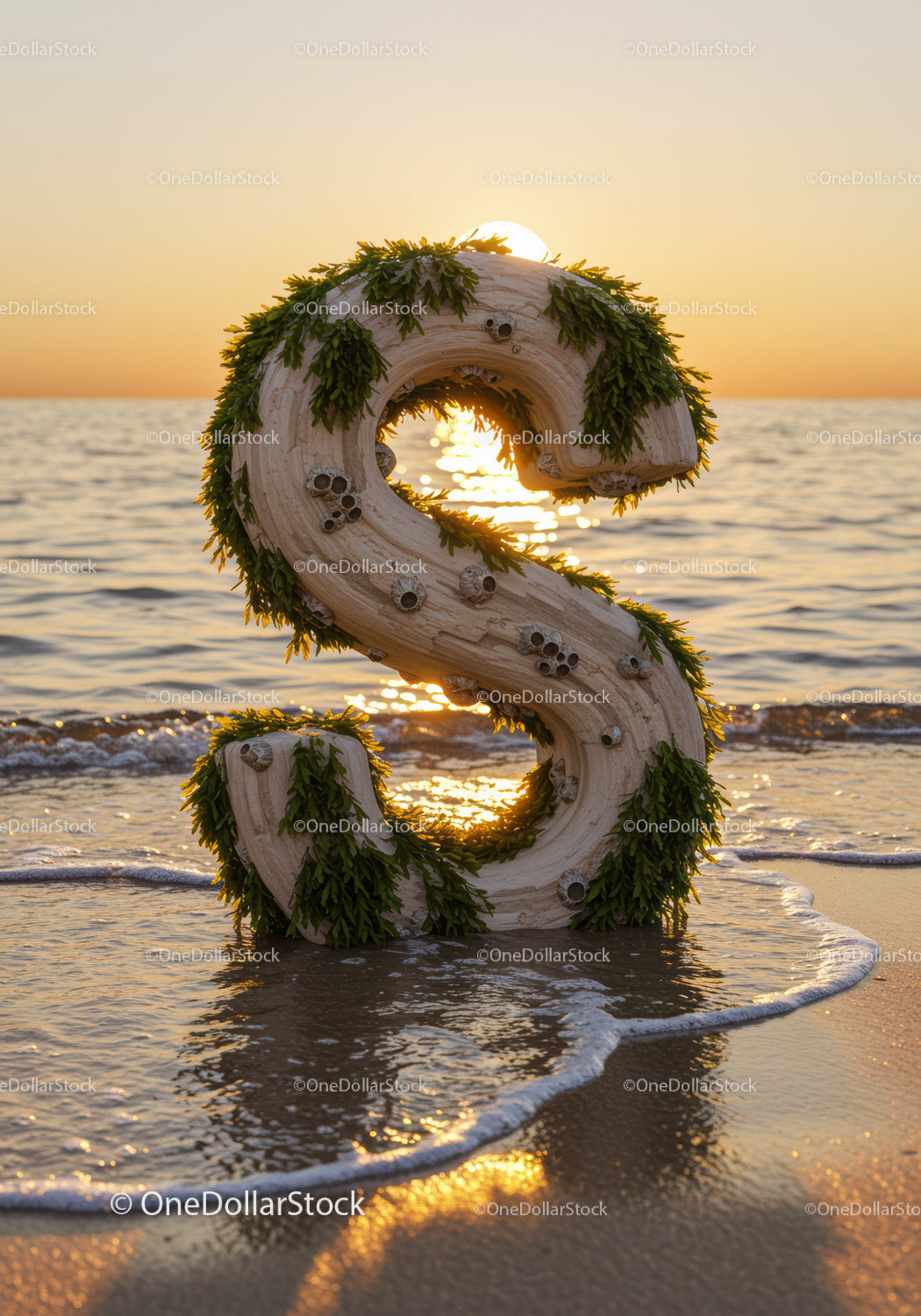 Wooden Letter S with Seaweed at Sunset Beach