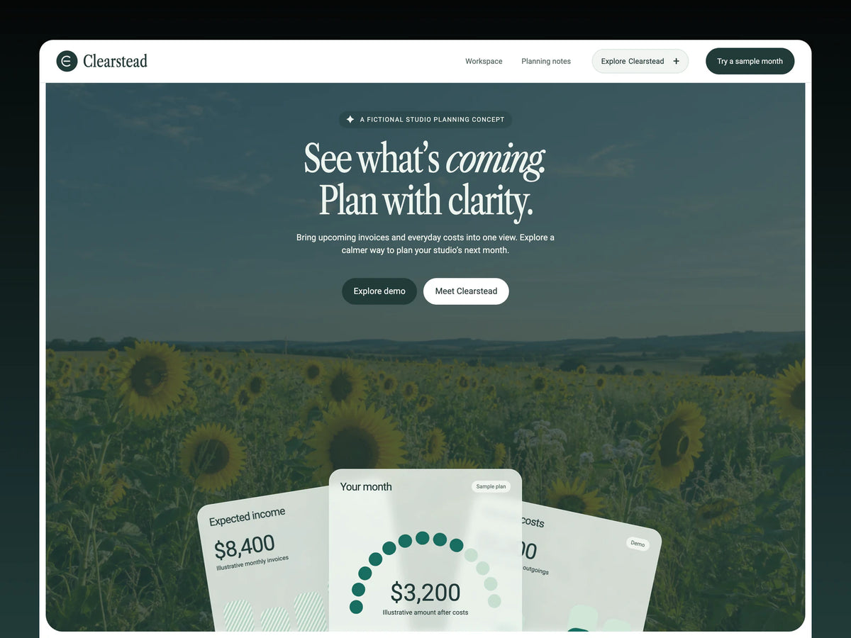 Clearstead homepage preview featuring sunflower-meadow photography, pale sage surfaces, teal accents and condensed serif headlines.