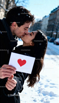 Couple sharing tender kiss holding heart card outdoors