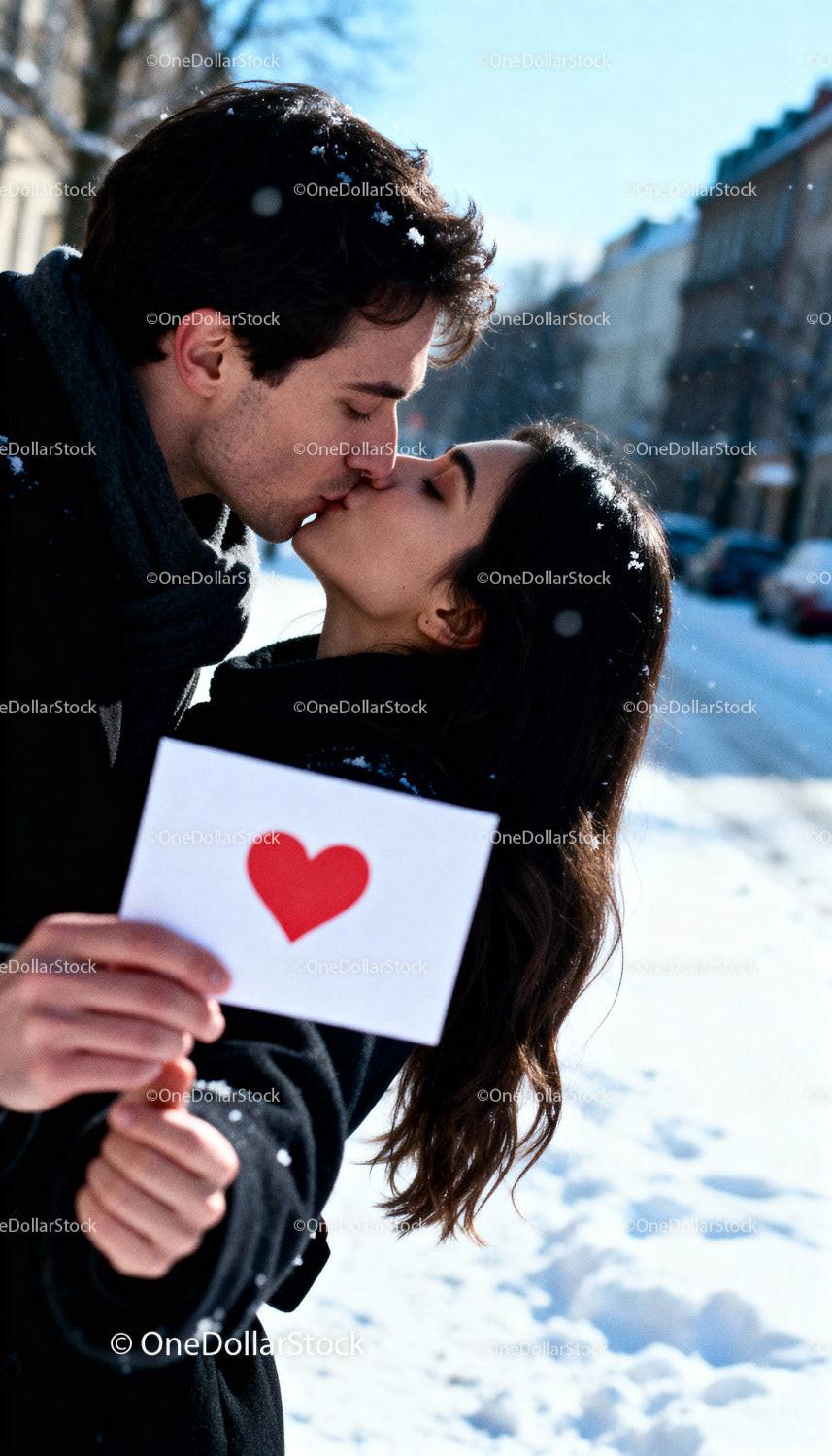 Couple sharing tender kiss holding heart card outdoors
